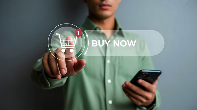 Person holding a smartphone and touching a glowing buy now button with a shopping cart icon