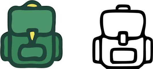 Two stylized illustrations of backpacks, one colored, one outlined.
