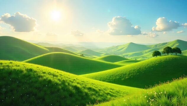Rolling hills bathed in sunlight, whimsical curves suggesting joyous laughter echoing across the landscape A serene and playful scene of nature's mirth , light, landscape