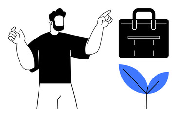 Minimalist graphic of a man gesturing towards a bag and a sprouting plant emphasizing professional development, eco-friendly innovation, and balanced living. Ideal for growth, leadership, business
