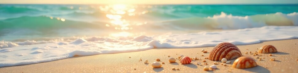 Obraz premium Summer's end, sun-kissed beach scene with gently lapping waves, seashells scattered on the sand, a tranquil and peaceful atmosphere of a season's close , horizon, sun