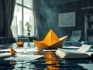 Stormy boardroom with paper boats floating on flooded quarterly reports
