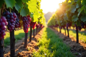 Fototapeta premium Sunlight streams through vineyard rows as ripe grapes hang heavy on the vines, ready for harvest Buckets and shears await the autumnal bounty , ripe, pruning shears, grape picking