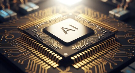 AI Chip Close-up of a glowing circuit board with "AI" centerpiece