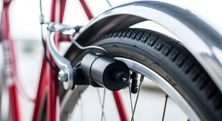 Red Bicycle Wheel with Black Sensor and Silver Fender on Frame in Close Up with Detailed Focus