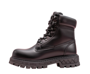 Side view of black leather combat boots.  Robust, chunky sole,  laced-up design, padded collar