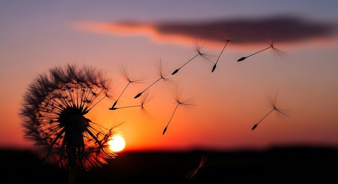 Dandelion Seeds Floating in the Wind at Sunset Silhouette against a Colorful Sky Evoking Freedom and Hope Promoting Wellness and Calmness - Powered by Adobe