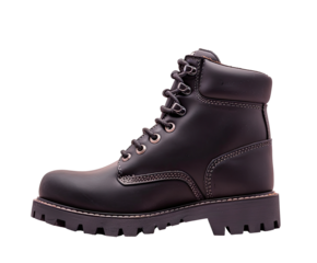 Dark-colored work boot, side profile.  Leather upper, sturdy lug sole,  laced closure