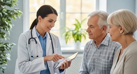 Fototapeta premium Female doctor showing tablet to senior couple in office. Doctor is smiling. Patient couple listens attentively. Healthcare and elderly care depicted.