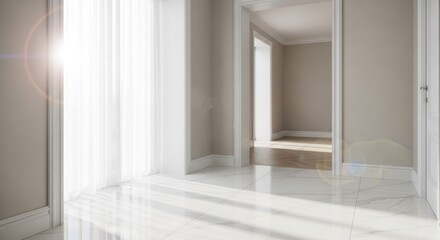 Bright, empty room interior with marble floors and sunlight streaming through curtains