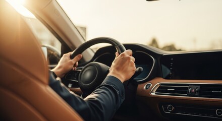 Car's interior view of hands steering, sun shining