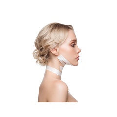 Obraz premium Young Woman with Face and Neck Lift Tapes - Profile View