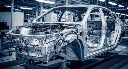 Obraz premium Car frame on assembly line, metal body, wiring visible in a factory setting