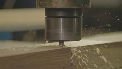 Close-up of a woodworking machine drilling a piece of wood