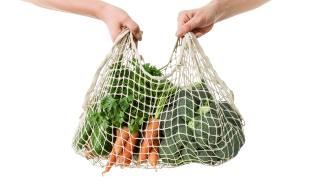 Hands holding a reusable mesh bag filled with fresh produce