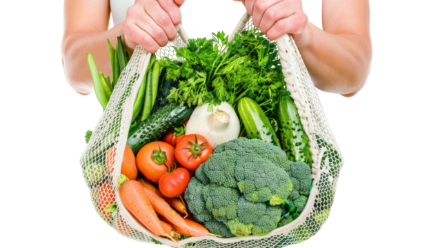 Woman's hands holding a mesh bag filled with fresh produce - Powered by Adobe