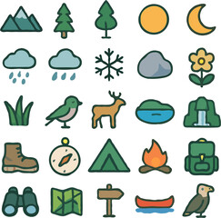 Collection of simple, outlined icons representing outdoor nature and camping activities.