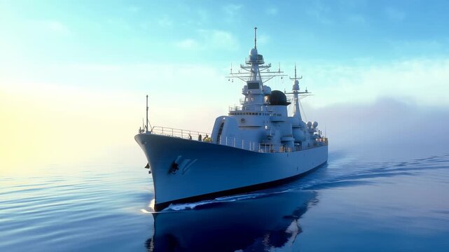 Modern naval vessel sailing across calm blue ocean with misty horizon, creating symmetrical wake pattern. Detailed military ship with complex radar and communication systems.