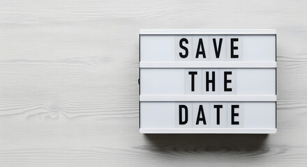 Save The Date Message on Illuminated Lightbox Displayed on Weathered White Wood Background