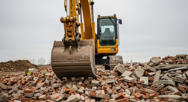 Excavator sits atop a pile of broken bricks under an overcast sky