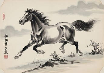 Dynamic brushwork horse illustration inspired by traditional oriental style
