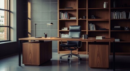 Elegant office wood desk, black chair, bookcase, natural light, modern