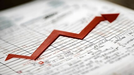Red Arrow Upward Trend on Financial Data Sheet Graph Chart