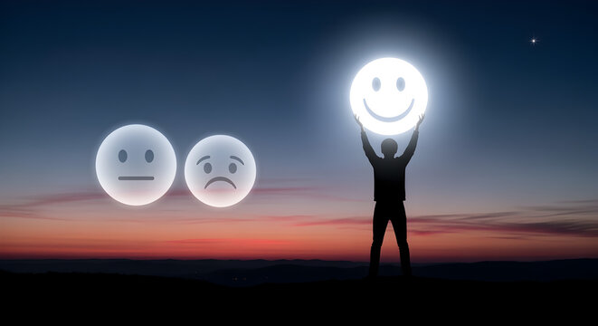 Silhouette Person Holds Glowing Smiley Face Emoticon Against Sunset Sky Contrasted by Neutral Sad Emoticons Conveying - Powered by Adobe