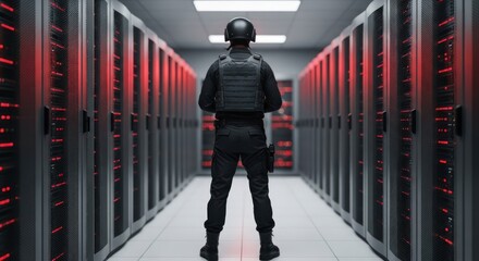 Guard in dark server room, rows of glowing red data racks