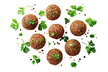 Round, meatless meatballs, arranged in a circle,  surrounded by fresh cilantro and peppercorns