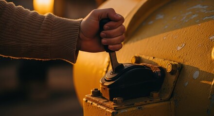 Hand pulls lever on a yellow machinery at dusk