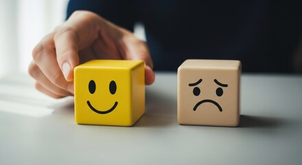 Hand reaches for smiling block; sad block sits nearby