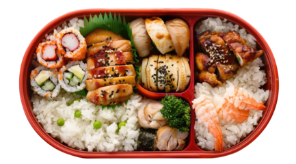 Red bento box filled with various Asian cuisine