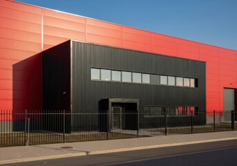Obraz premium Modern industrial building with contrasting facades under a clear blue sky