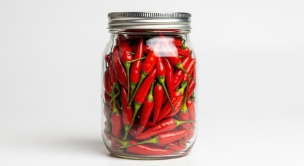 Jar full of vibrant red chili peppers against bright backdrop