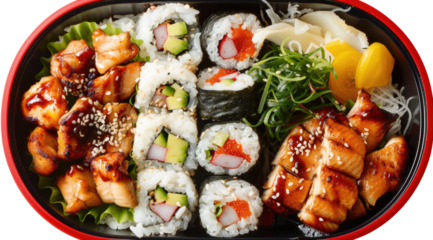 Assorted Japanese food in a bento box.  Teriyaki chicken, sushi rolls, eel, and sides