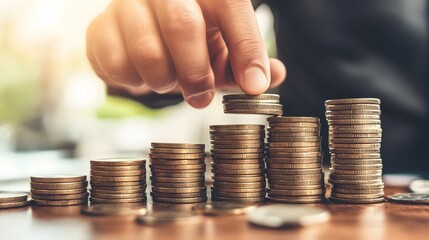 Hand Placing Coin on Stack of Coins, Financial Growth Concept