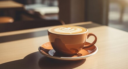 Latte art in a brown cup sits on table with sunlight and blurred background