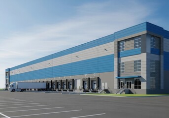 Obraz premium Modern logistics warehouse facility with loading docks and delivery truck