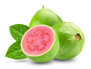 Ripe guava fruits with leaves isolated on transparent background.