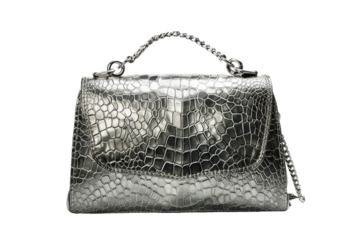 Silver crocodile-skin handbag.  Elegant, structured,  top-handle bag,  metallic finish