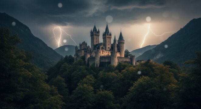 Medieval castle atop a hill; lightning flashes amid a dark, stormy sky