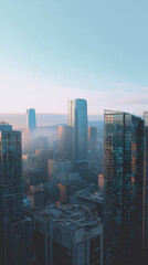 Obraz premium A beautiful, clear blue morning view of the cityscape lined with buildings.