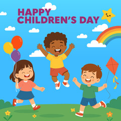 Cute Kids day for gift card, children playing outside with a kite and some balloons, colorful scene for back to classes primary school elementary school - In flat design style basic colors