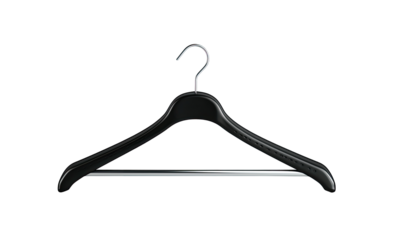 Close-up of a black coat hanger.  The hanger is smooth, with a curved, rounded design.  A shiny metallic hook and bar are visible