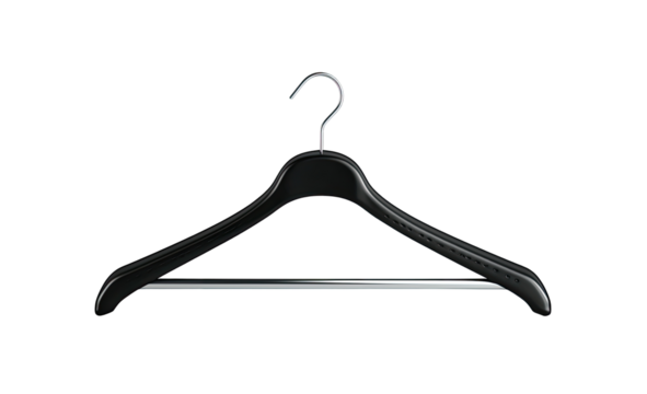 Close-up of a black coat hanger.  The hanger is smooth, with a curved, rounded design.  A shiny metallic hook and bar are visible