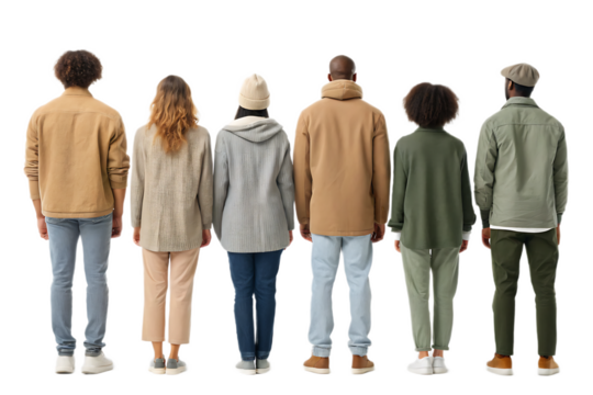 A group of six people standing in a row from the back wearing casual clothes on a white background