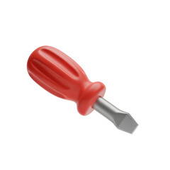 3D render of a flat-head screwdriver with a red handle. Hand tool for repair and construction, isolated on a  transparent background. Equipment icon.