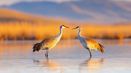 Naklejka premium Pair of Sandhill Cranes on River Edge