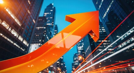 Orange arrow points up against city skyline with blurred light trails